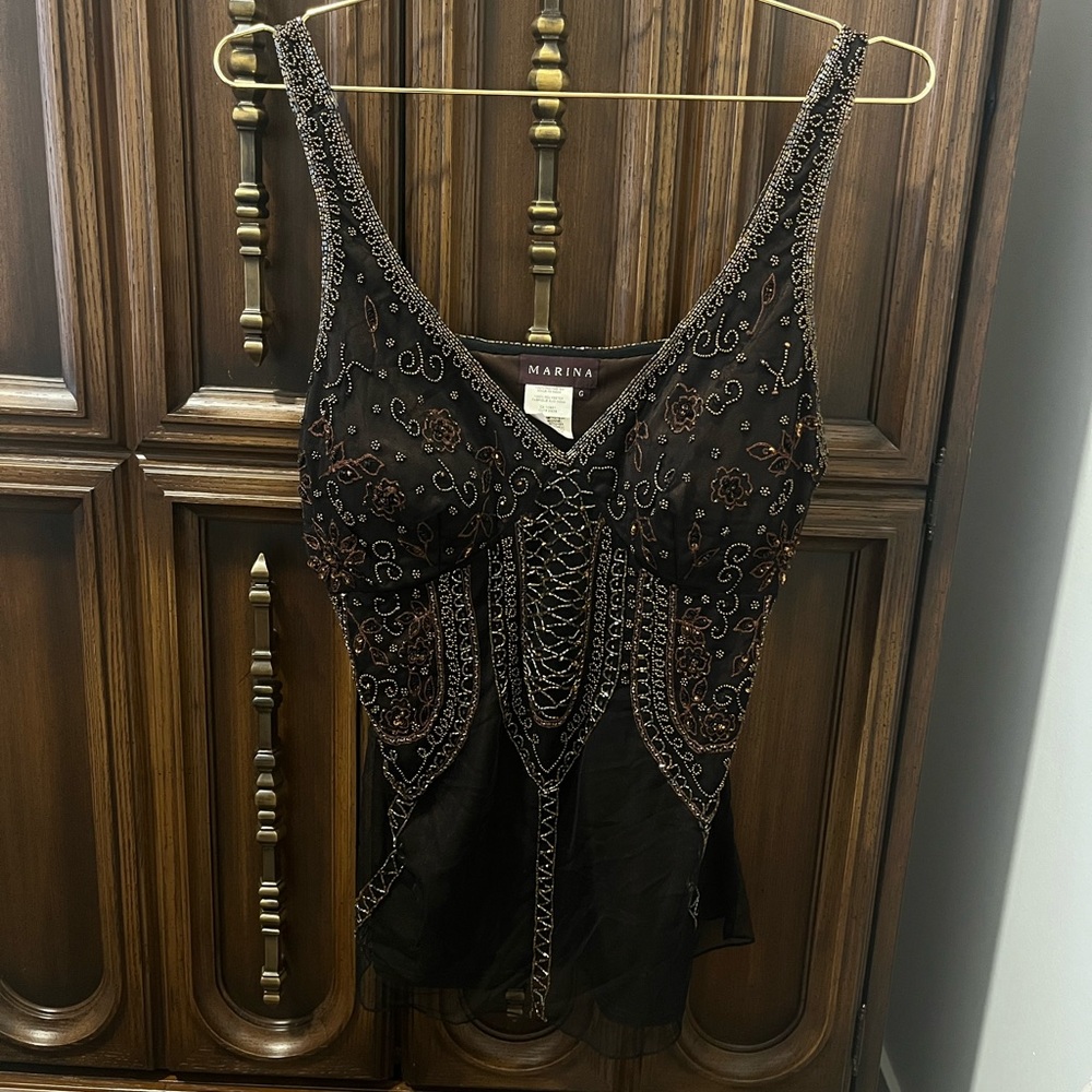 Marina Dark Brown Beaded and Embroidered Top with Built in Padding